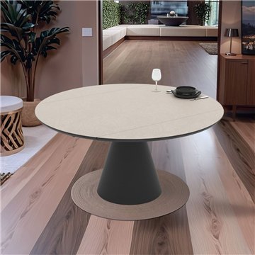 Yandan ausziehbarer Schwenktisch mit kaschmirfarbener Platte und schwarzem konischen Metallfuß 150x94x76H