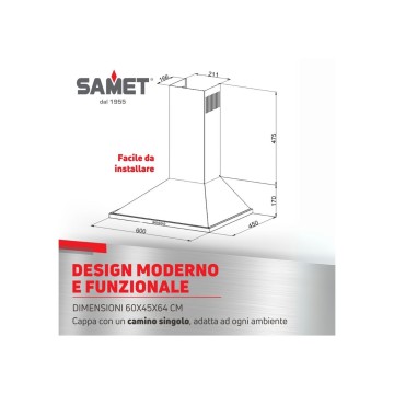 Schwarze 60 cm moderne Pyramidenhaube für die Küche - Samet Eolo