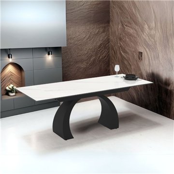 Tavolo allungabile Libra con piano in ceramica effetto marmo bianco e base arcuata nera 140x80x76H