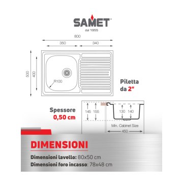 Einbeckenspüle und Abtropffläche links 80x50 - Samet