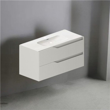 Wandbadezimmerschrank Soho in der Farbe Kaschmir matt mit Schubladen in Riffeloptik 100x45x50H
