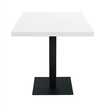 Eckiger Tisch 80x80 mit schwarzem Metallfuß und weißer Platte
