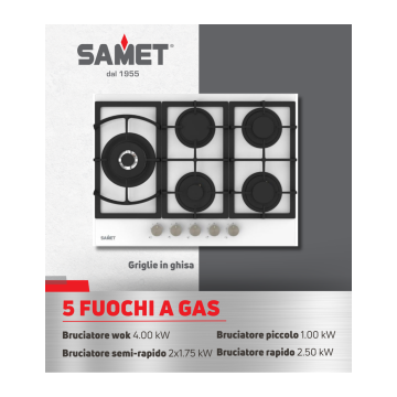 5-Flammen-Kochfeld aus Glas, weiß, 70 cm - Dafne70