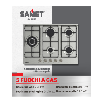 5-Flammen-Edelstahl-Gaskochfeld 70 cm - Ercole 2.0
