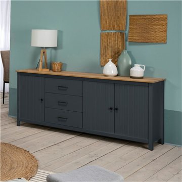 Credenza Miranda in legno massiccio colore blu e pino 191x40x80H - 3 Ante e 3 cassetti