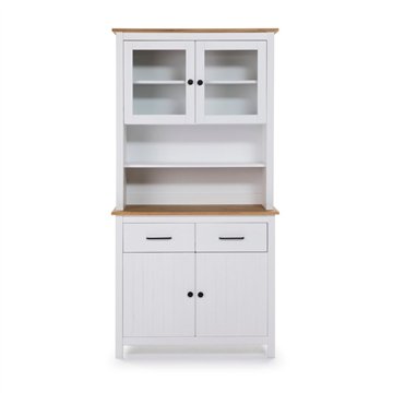 Credenza alta con vetrina Miranda in legno massiccio colore bianco e rovere 90x40x180H - 4 ante e 2 cassetti