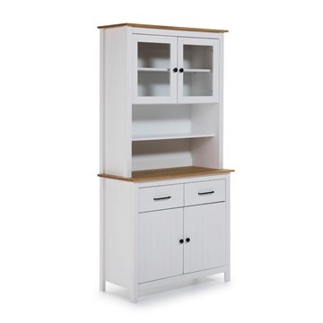 Credenza alta con vetrina Miranda in legno massiccio colore bianco e rovere 90x40x180H - 4 ante e 2 cassetti
