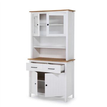 Credenza alta con vetrina Miranda in legno massiccio colore bianco e rovere 90x40x180H - 4 ante e 2 cassetti