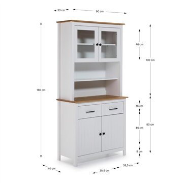 Credenza alta con vetrina Miranda in legno massiccio colore bianco e rovere 90x40x180H - 4 ante e 2 cassetti