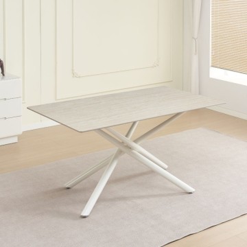 Fester Tisch Sand mit beiger Keramikplatte und weißem Metallgestell 160x90x76H