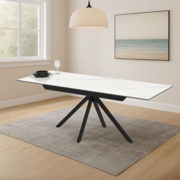 Ausziehtisch aus weißer Keramik mit Marmoreffekt und schwarzen Metallbeinen 140/200x80x76H Perla