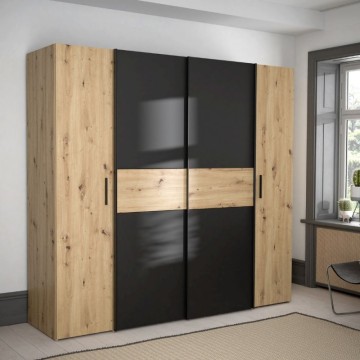 Kleiderschrank 4 Eiche und schwarze Türen mit Schiebe- und Flügeltüren 200x61x190H Teodoro