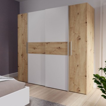 Kleiderschrank 4 Eiche und weiße Türen mit Schiebe- und Flügeltüren 200x61x190H Teodoro