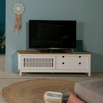 TV-Schrank mit Schiebetür in Gitteroptik und Schubladen aus Massivholz 158 Farbe weiß und braun Kiefer