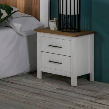 Miranda Nachttisch mit 2 Schubladen, massiv weiß und Kiefer