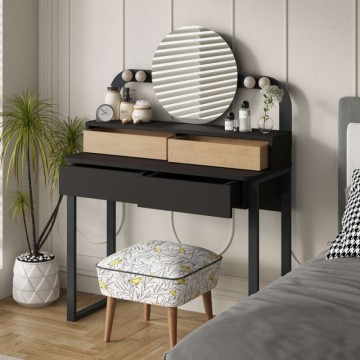 Toeletta trucco con 4 cassetti luci a led e specchio rotondo colore nero e rovere Lora