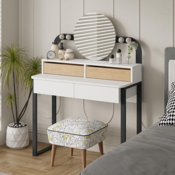 copy of Toeletta trucco con 4 cassetti luci a led e specchio rotondo colore nero e rovere Lora