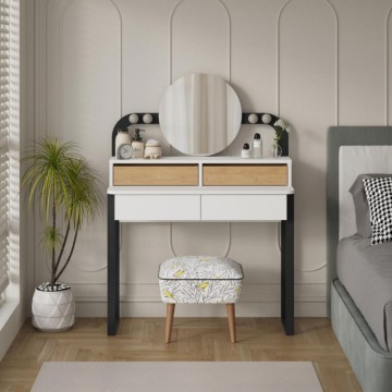 copy of Toeletta trucco con 4 cassetti luci a led e specchio rotondo colore nero e rovere Lora