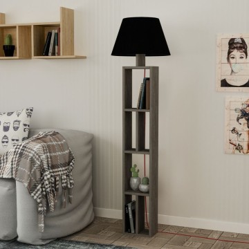 Giorno Stehleuchte aus Holz mit Bücherregal und schwarzem Lampenschirm