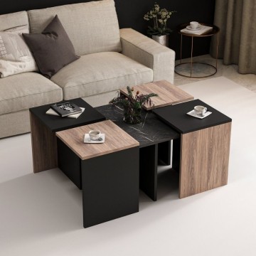 Owentav Couchtischset in Schwarz und Kernnussbaum mit Marmoreffekt