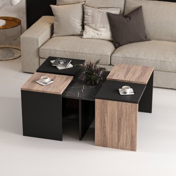 Owentav Couchtischset in Schwarz und Kernnussbaum mit Marmoreffekt