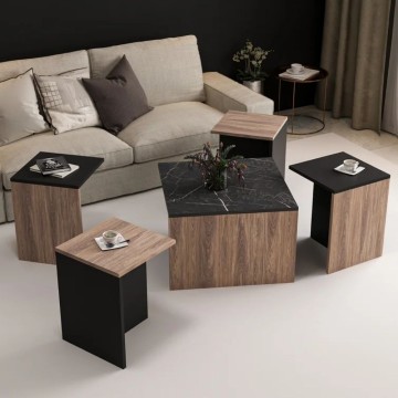 Owentav Couchtischset in Schwarz und Kernnussbaum mit Marmoreffekt