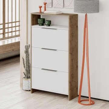 Kaju Schuhschrank 3 Klapptüren weiß und Struktur Nussbaum