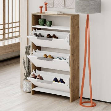 Kaju Schuhschrank 3 Klapptüren weiß und Struktur Nussbaum