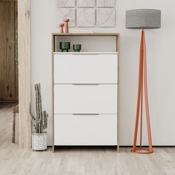 Kaju Schuhschrank 3 Klapptüren weiß und Struktur Nussbaum