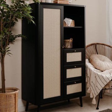 Sideboard KUTA53 schwarz 3 Schubladen und Tür mit Raffia-Effekt