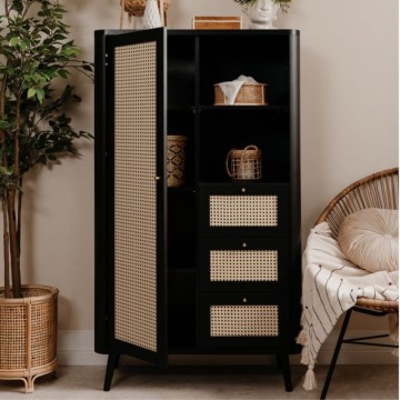 Sideboard KUTA53 schwarz 3 Schubladen und Tür mit Raffia-Effekt