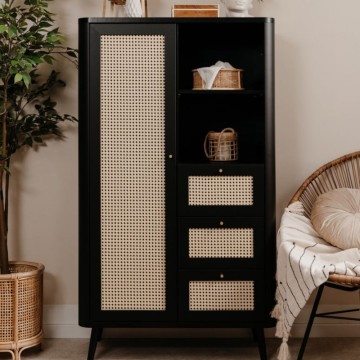 Sideboard KUTA53 schwarz 3 Schubladen und Tür mit Raffia-Effekt
