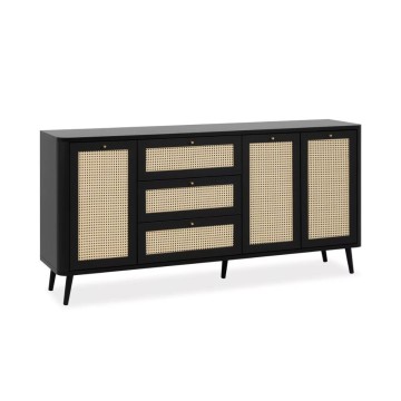 KUTA51A schwarzes Sideboard 3 Schubladen und 3 Türen in Raffia-Optik