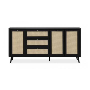 KUTA51A schwarzes Sideboard 3 Schubladen und 3 Türen in Raffia-Optik