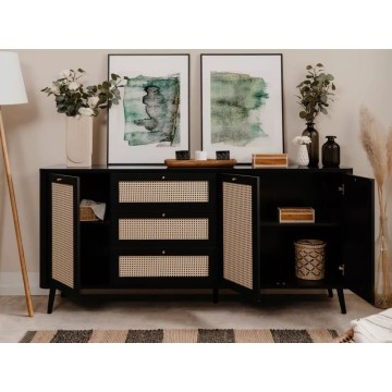 KUTA51A schwarzes Sideboard 3 Schubladen und 3 Türen in Raffia-Optik
