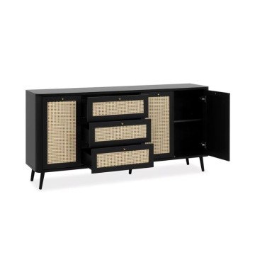 KUTA51A schwarzes Sideboard 3 Schubladen und 3 Türen in Raffia-Optik