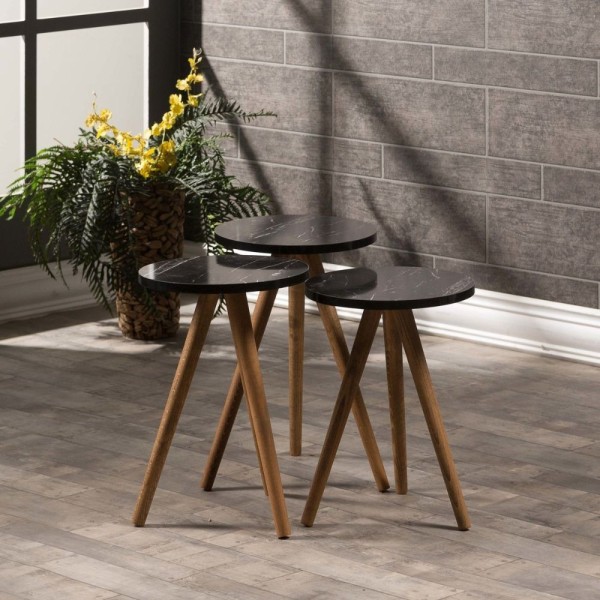 Nisa 38 schwarzer Couchtisch Trio mit Holzbeinen Nisa 38 schwarzer Couchtisch Trio mit Holzbeinen