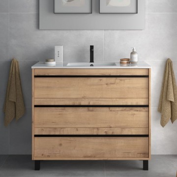 Geco100 Badezimmerschrank Eiche ostippo mit Waschbecken 3 Schubladen 100x45x86h